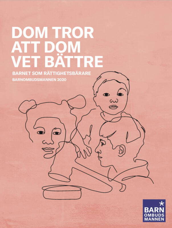 Linjeteckning av tre barn. Omslagsillustration till Barnombudsmannens årsrapport 2020.