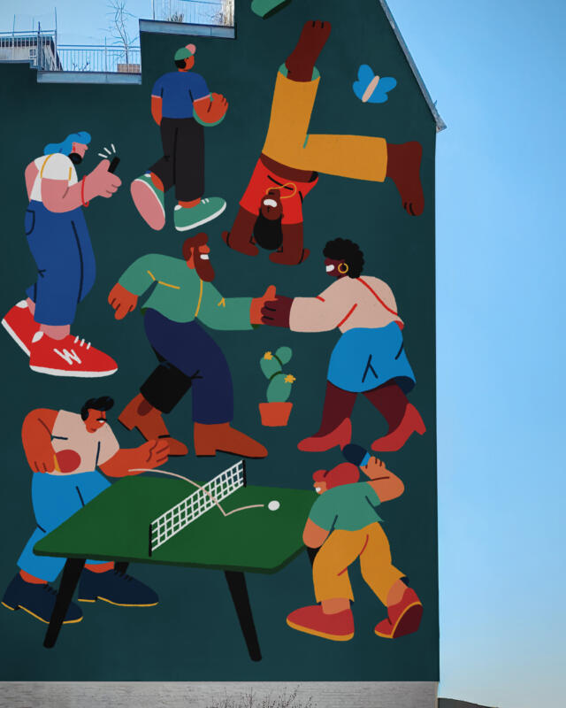 Mural of various people in a community engaging in acticities