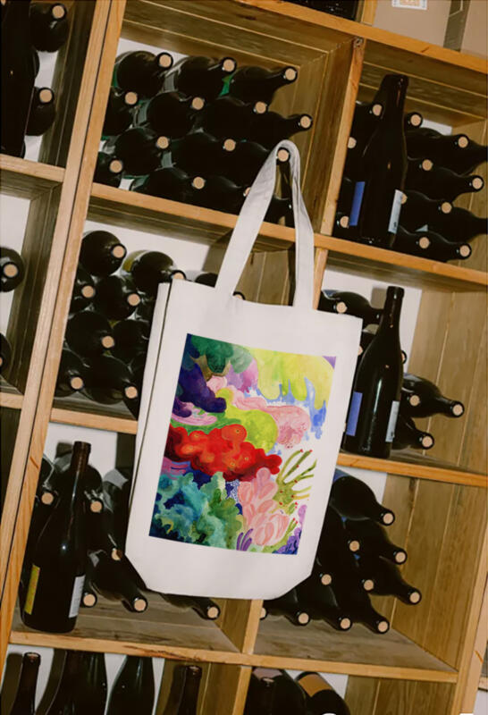 Påse med korallrevsetikett, mockup i akvarell och akryl.