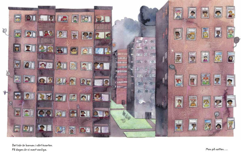 Illustration till bilderbok för barn mellan 3-6 år föreställande barn i fönster i höghus i en förort.