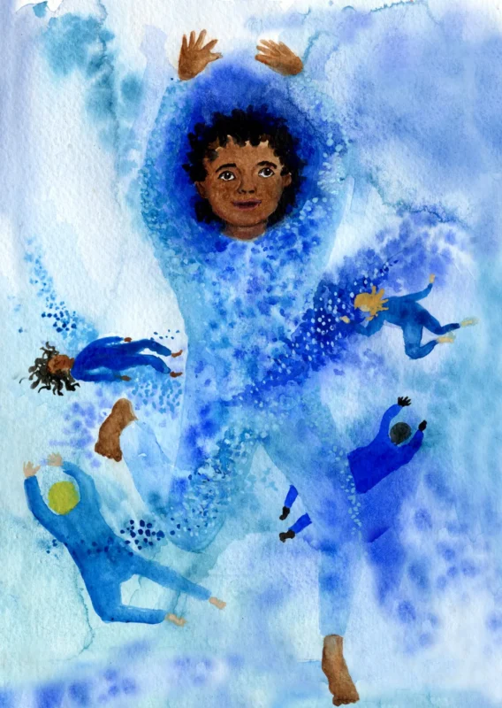  Illustration Ditt inre hav: Barn dansar i havet, visar rörelse, lek och energi.