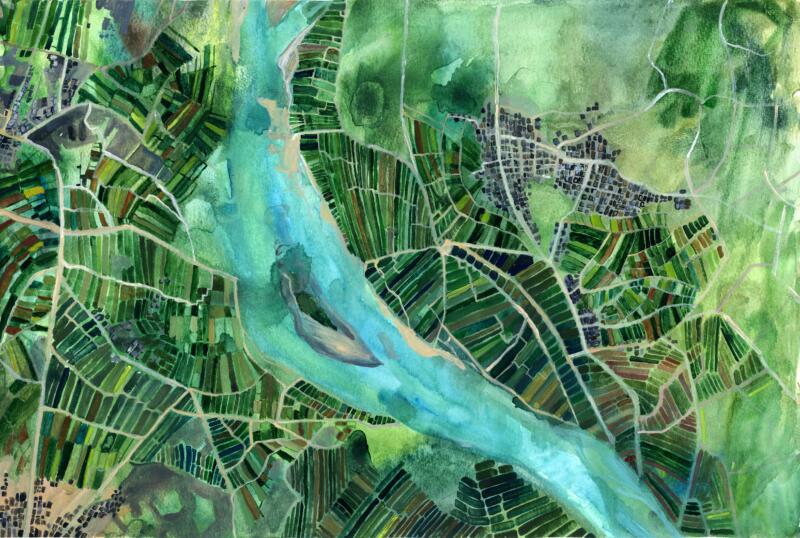 Handgjord akvarell med motiv av jordbruk uppifrån.  Illustration om hållbarhet, grön omställning, klimat, regenerativt jordbruk, ekologisk odling, natur, framtidstro och relationen mellan människa och jord. Passar för projekt, böcker och bildmaterial om miljö, matproduktion och hållbart liv.