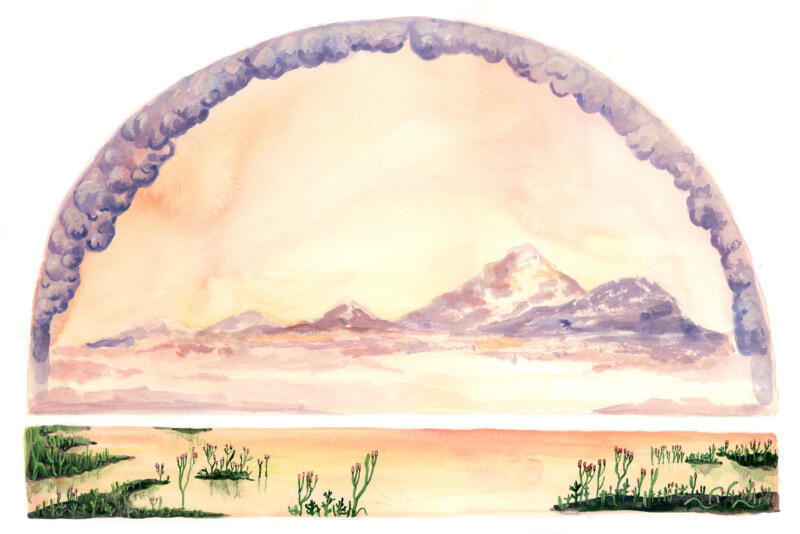 Tom jord och ozonlagers bildning, akvarell och akryl, handgjord vetenskaplig illustration för läromedel.