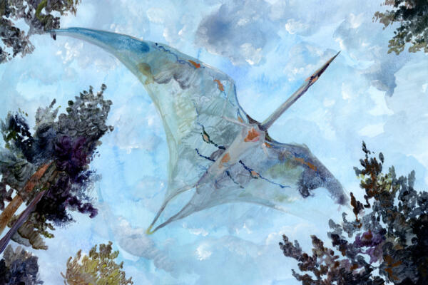 Flygande dinosaurie akvarell och akryl, handmålad illustration av förhistoriskt landskap för vetenskap och läromedel.