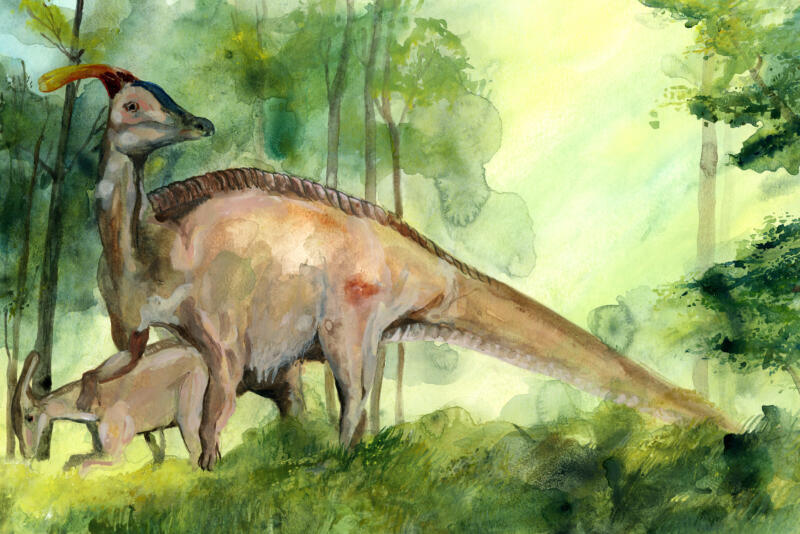 Dinosaurie med unge, akvarell och akryl, handgjord illustration för vetenskap och bokillustration.