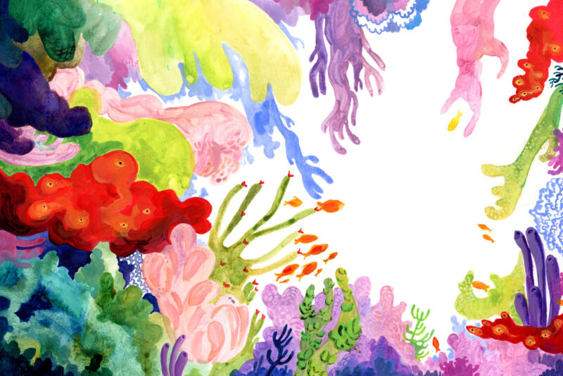 Originalmålning av korallrev i akvarell och akryl, för förpackningsdesign.