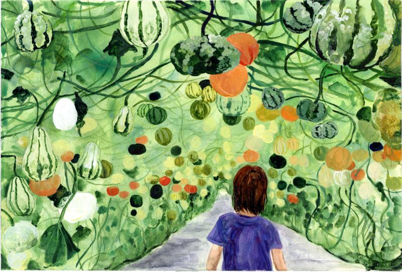 Handgjord akvarell med motiv av odling – barn går genom pumpaodling. Illustration om hållbarhet, grön omställning, klimat, regenerativt jordbruk, ekologisk odling, natur, framtidstro och relationen mellan människa och jord. Passar för projekt, böcker och bildmaterial om miljö, matproduktion och hållbart liv.