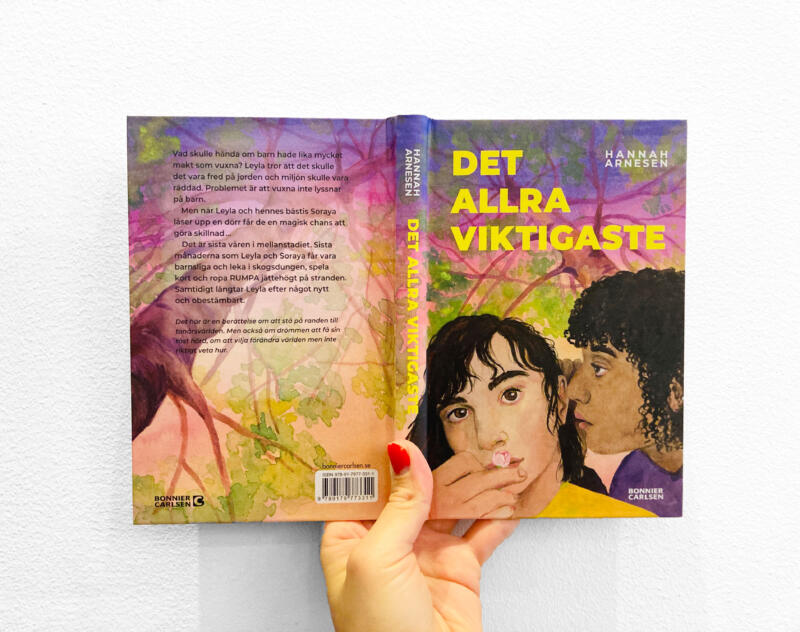 Omslag till barnboken ”Det allra viktigaste” för 9–12-åringar, handmålat i akvarell och föreställande två bästa vänner. Illustrationen kombinerar ett lekfullt och varmt konstnärligt uttryck med berättelsens tema om vänskap och samhörighet, och fungerar som ett visuellt lockande omslag för målgruppen.