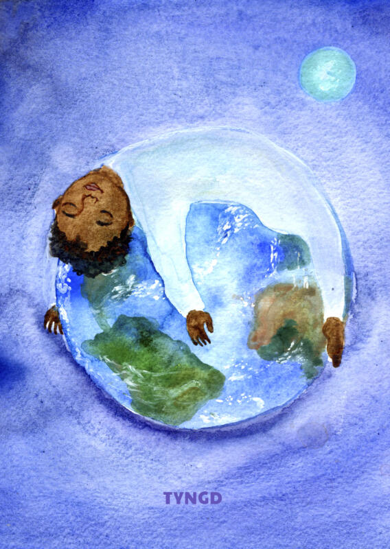 Barn vilar på jordklotet i rymden, symboliserar tyngd och kroppskontakt.