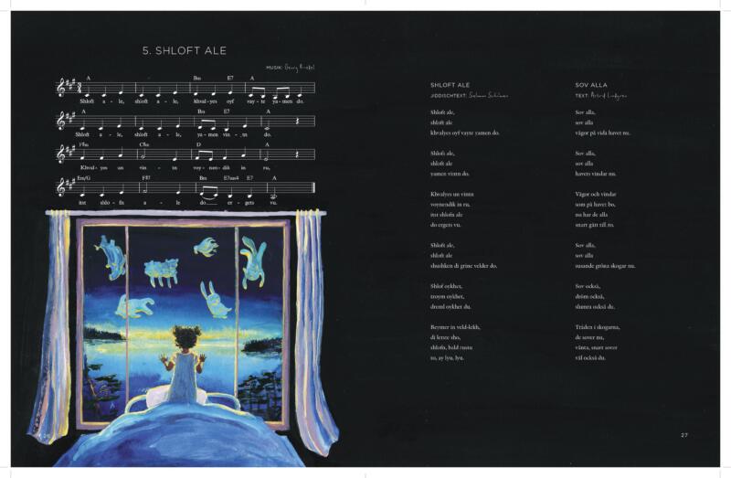 Sov alla i judisk tolkning – illustrerat sångbok med noter. En flicka står i ett fönster det är drömsk natt och noter. Analogt handgjord illustration i akvarell och akryl på papper.