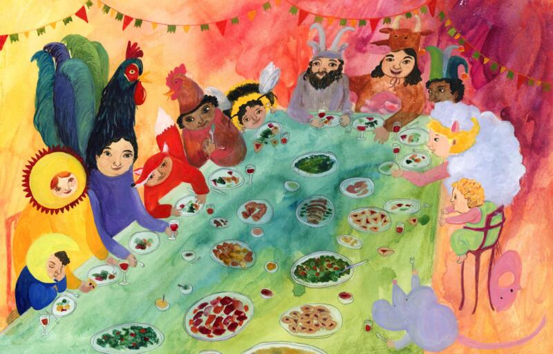 Illustrerat sångbok med noter. Maskerad fest med ett bord fyllt av mat. Analogt handgjord illustration i akvarell och akryl på papper. Omslag till sångbok med noter.