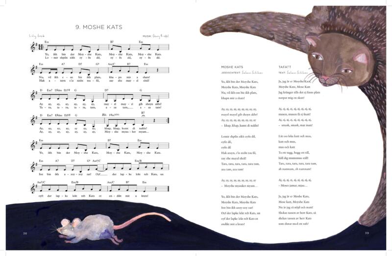 illustration för barn med Katt och råtta lek till noter i en sångbok, musikbok. Analogt handgjord illustration i akvarell och akryl på papper.