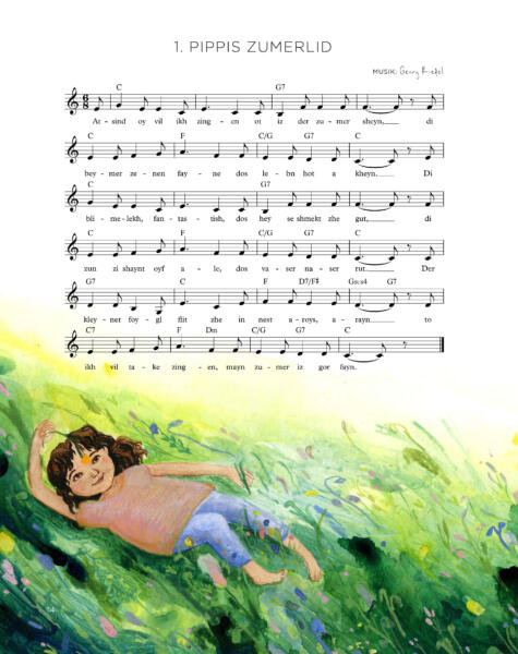 Pippis sommarsång i judisk tolkning – illustrerat sångbok med noter av Georg Riedel och text Astrid Lindgren. En flicka ligger på en sommaräng bland blommor. Analogt handgjord illustration i akvarell och akryl på papper. 