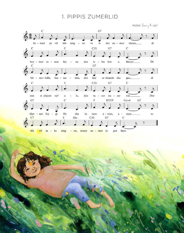 Pippis sommarsång i judisk tolkning – illustrerat sångbok med noter av Georg Riedel och text Astrid Lindgren. En flicka ligger på en sommaräng bland blommor. Analogt handgjord illustration i akvarell och akryl på papper.