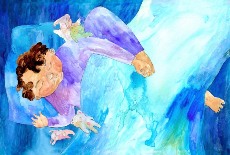 Illustration barnbok, bilderbok för barn 3-6 år. Handgjord, akvarell, collage oPojke som inte kan sova ligger i sängen . Det är natt och han är mörkrädd, barnboksillustration, bilderboksillustration, handgjord illustration, akvarellillustration, collageillustration, handgjord typografi, barn 3–6 år, barnbok, konditori, tårtor, bakelser, portfolio, Hannah Arnesen.