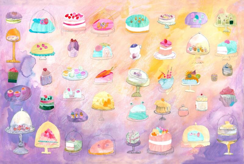 Mönster av bakelser i collage och akvarell för barnböcker och tapeter.