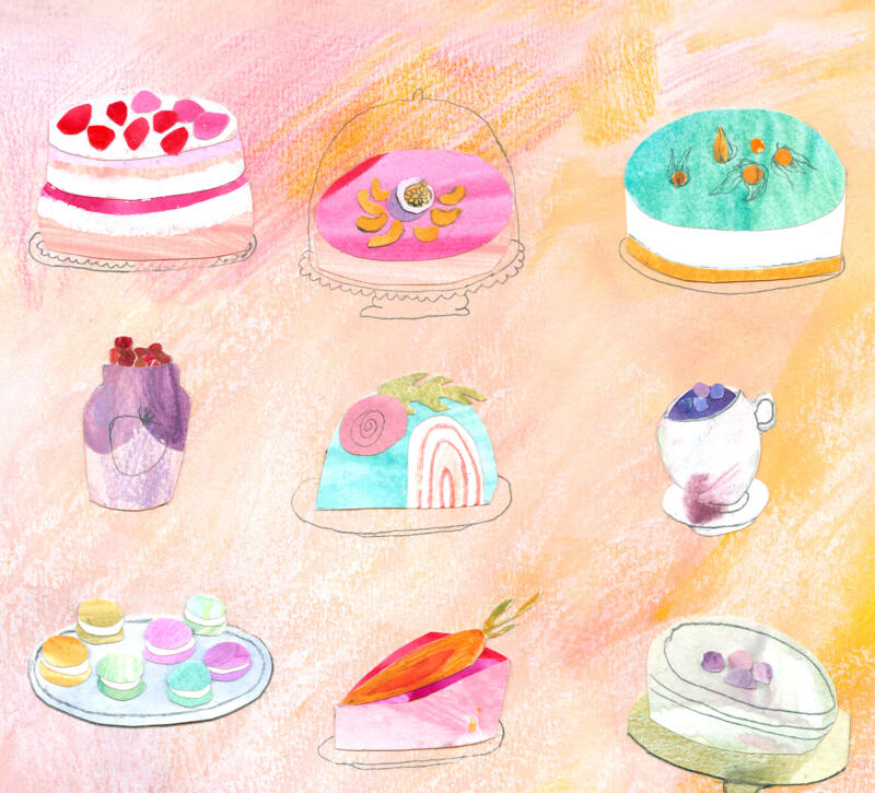 Mönster av bakelser i collage och akvarell för barnböcker och tapeter.