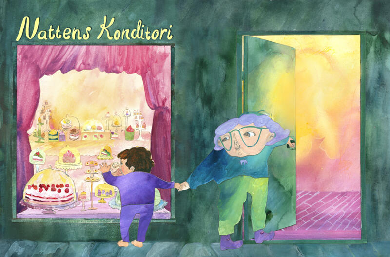 barnboksillustration, bilderboksillustration, handgjord illustration, akvarellillustration, collageillustration, handgjord typografi, barn 3–6 år, barnbok, konditori, tårtor, bakelser, portfolio, Hannah Arnesen.
