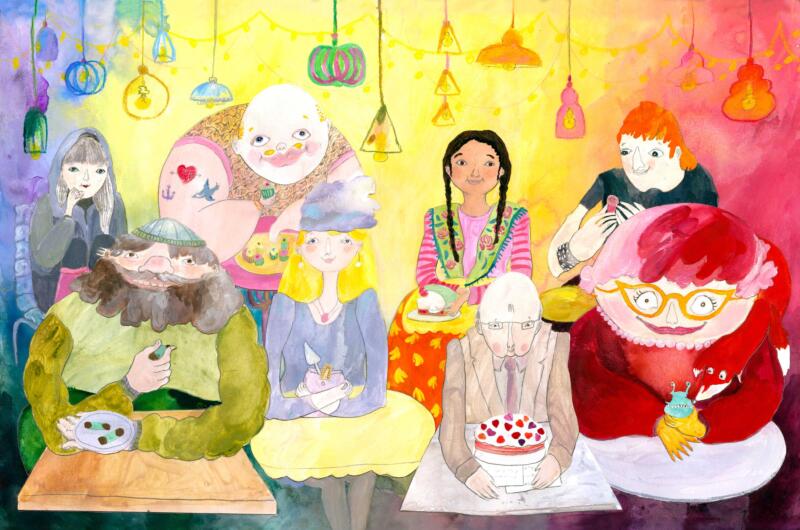 Illustration barnbok, bilderbok för barn 3-6 år. Handgjord, akvarell, collage,  gäster på konditori, bageri äter tårta bakelse, kakor, barnboksillustration, bilderboksillustration, handgjord illustration, akvarellillustration, collageillustration, handgjord typografi, barn 3–6 år, barnbok, konditori, tårtor, bakelser, portfolio, Hannah Arnesen.