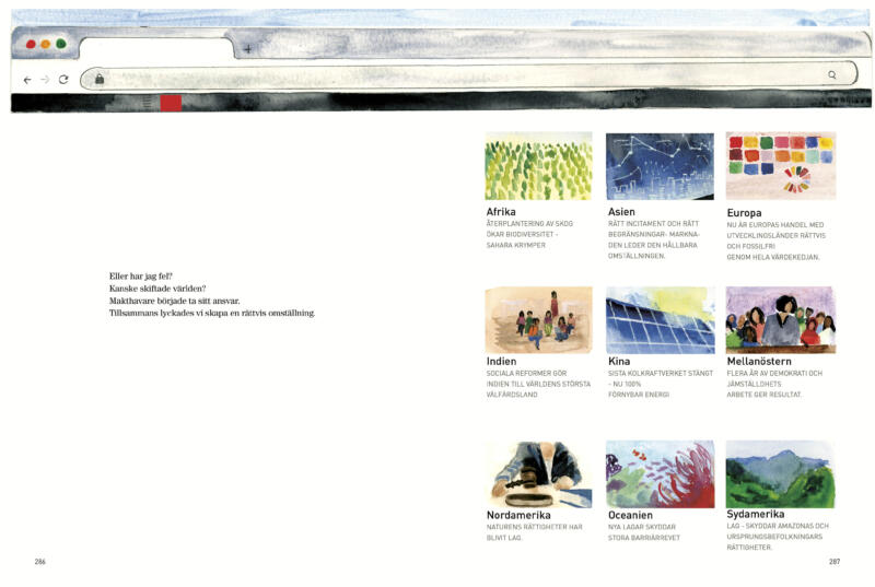 Handmålad nyhetssida med imaginära nyheter som skildrar en möjlig hållbar värld. Illustrationen är utförd för hand och presenterar fiktiva framtidsnyheter om ekologisk balans, klimatåterhämtning och hållbara samhällen. Verket kombinerar konst, berättande och samhällskritik och fungerar som en visuell reflektion över hur världen hade kunnat se ut om hållbara val prioriterats.