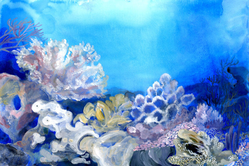 Akvarell och akryl av dött korallrev, visar klimatförändringars påverkan på hav och biologisk mångfald.