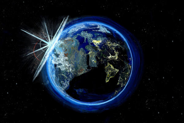 Akvarell- och akrylillustration av jorden, för redaktionellt material, posters och böcker.