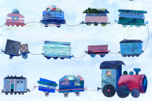 Färgglatt tågvagnsmönster i collage och akvarell för barnböcker och tapeter.