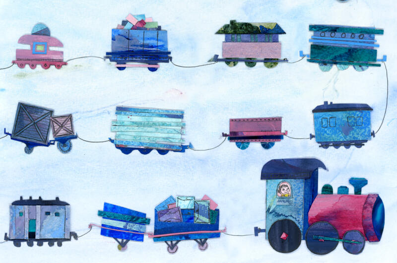 Färgglatt tågvagnsmönster i collage och akvarell för barnböcker och tapeter.