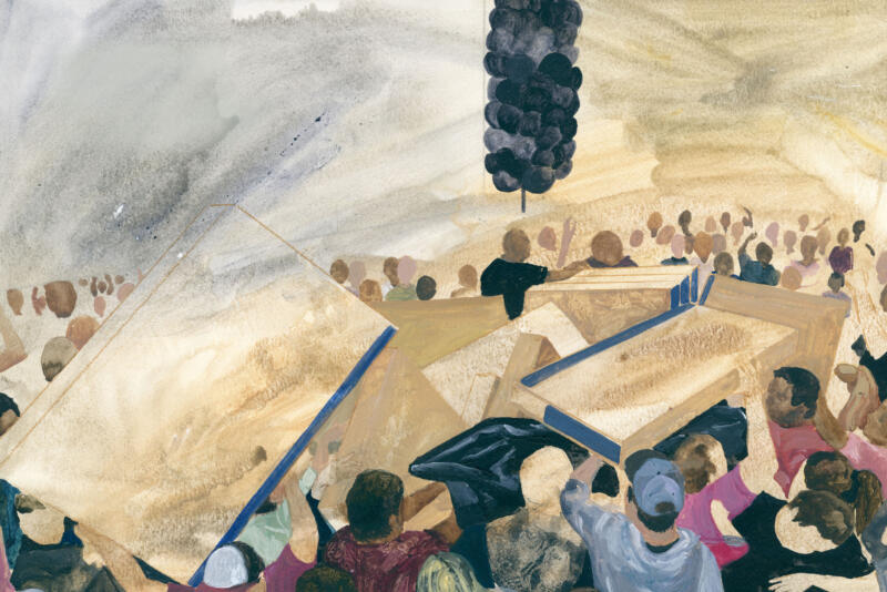 Akvarell och akryl av folkmassa som sliter i TV-apparater på Black Friday, kritik mot konsumtionshets och masskultur.