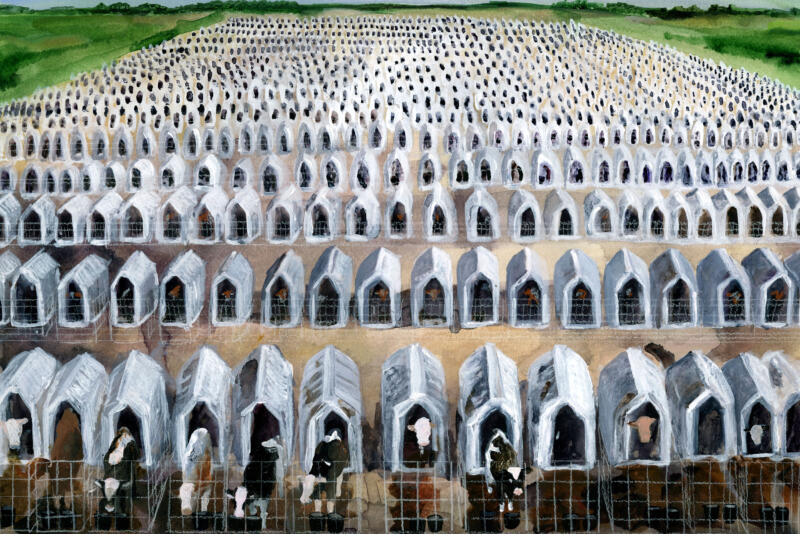 Akvarell och akryl av kalvar i köttindustrin, visar djurens villkor och etiska frågor.Handgjord akvarell- och akrylillustration som visar ansiktslösa turister som står och fotograferar något vi inte ser. Bilden belyser människans relation till naturen och vårt sätt att uppleva den. Passar som bokillustration, redaktionellt material, informationsmaterial eller läromedel.