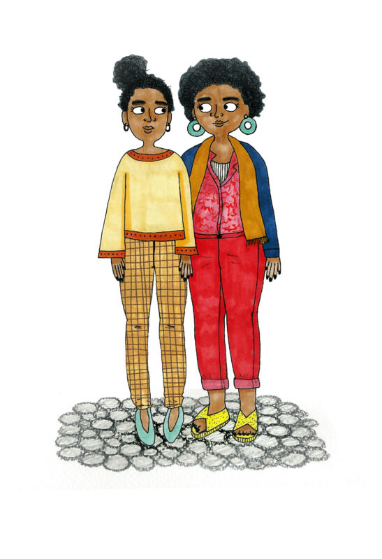 Illustration av två kvinnor bredvid varandra med färgglada kläder och outfits.