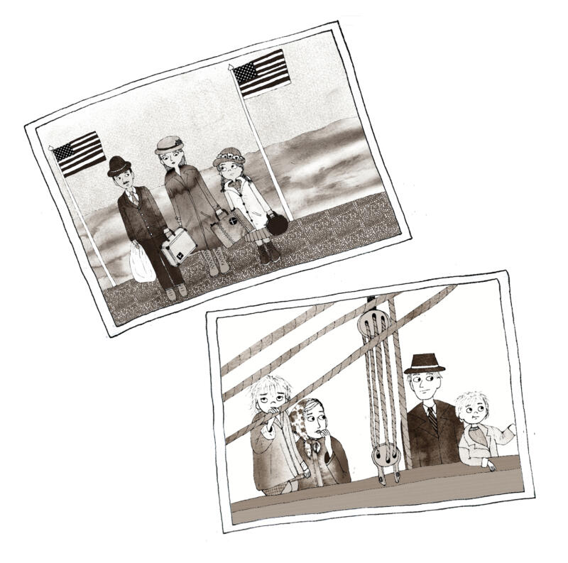 Illustration av retro gammaldags foton i sepia av en familj på resande fot vid havet.