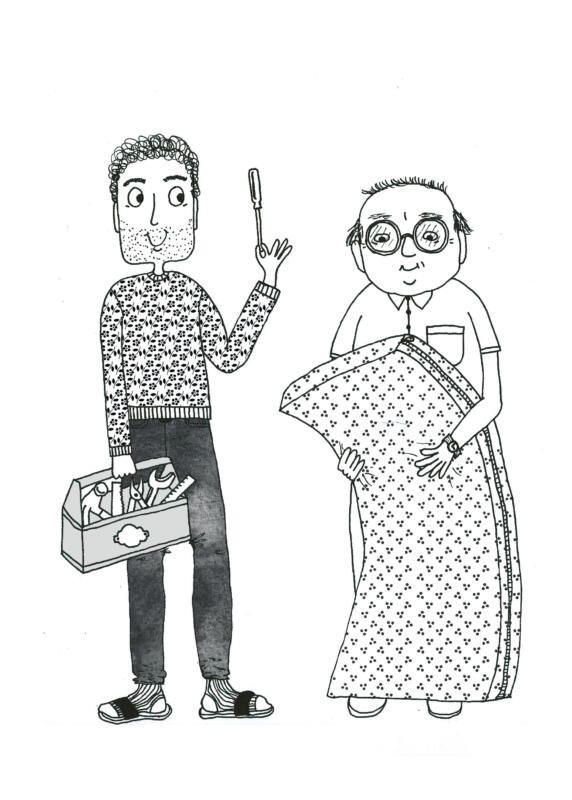 Svartvit illustration av två män, en håller i verktyg och den andra håller i en madrass.