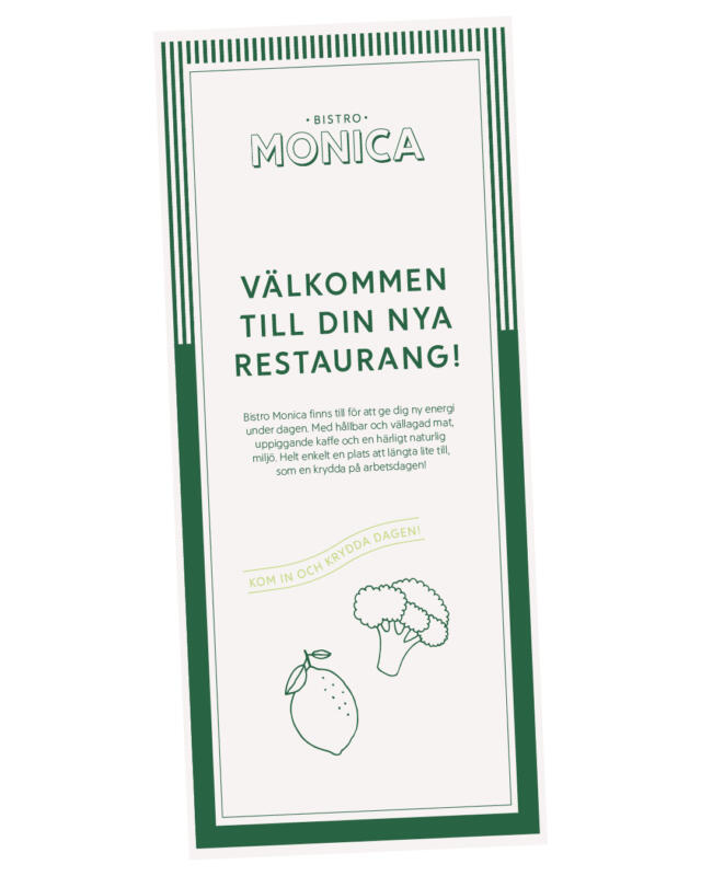 Grafisk design och layout av bordsryttare från ICAs personalrestaurang Bistro Monica med enkla linjeteckningar i form av citron och broccoli.