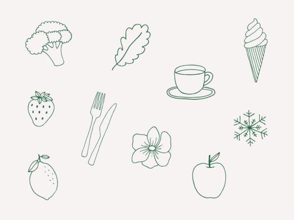Enkla linjeteckningar med motiv av exempelvis broccoli, löv, kaffekopp, glass, jordgubbe, bestick, snöflinga, blomma, äpple och citron.