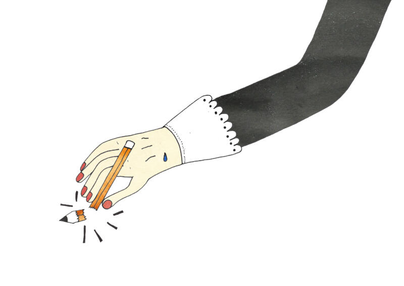 Illustration av en stressad hand som håller i en penna som knäcks, handen har en svettdroppe på sig.