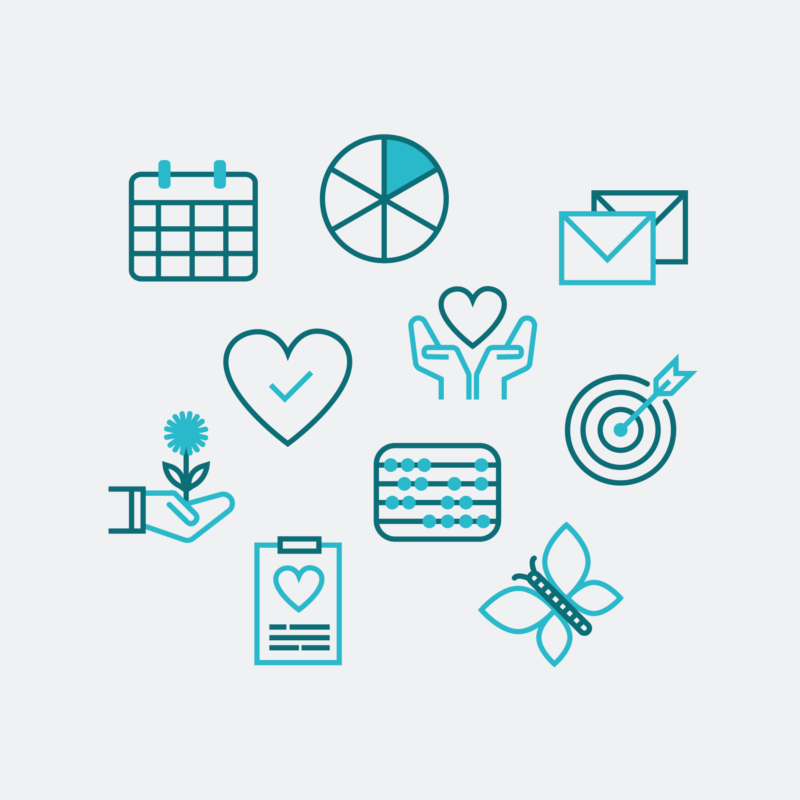 Ikoner och piktogram med utbildningstema, motiv är bland annat en fjäril, händer, hjärtan, kalender, kuvert, blomma.
