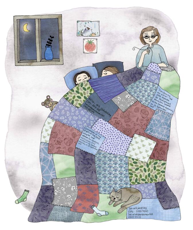 Illustration av en kvinna som syr ett lapptäcke som två barn sover under. I bilden syns även en katt, strumpor, barnteckningar och en måne utanför ett fönster.
