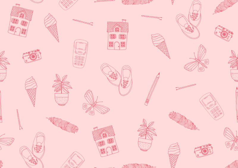 Mönsterrapport i rosa med olika föremål så som hus, glass, kamera, hårnål, penna, skor, fjäril, fjäder och mobil.
