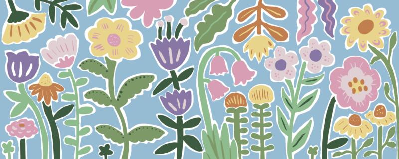 Snabb skiss i procreate av en muralmålning, motivet är lekfulla blommor i olika färg och form mot en blå bakgrund.