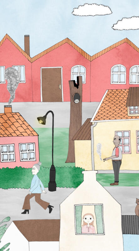 Detailed illustrated animation of a small town with fun characters, playful houses, animals and nature.