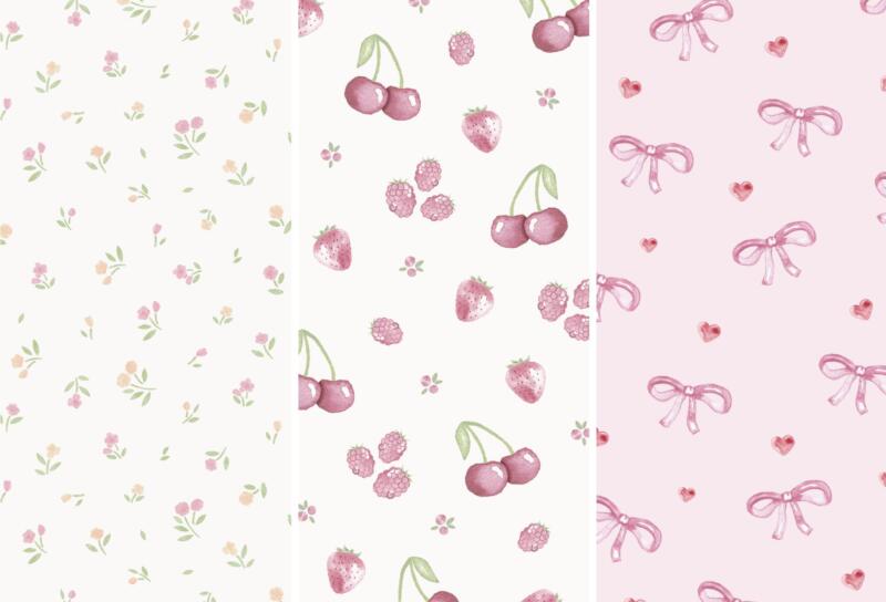 Tre olika akvarellmönster i rosa toner, med motiv av småblommor, frukter och bär samt rosetter och hjärtan.