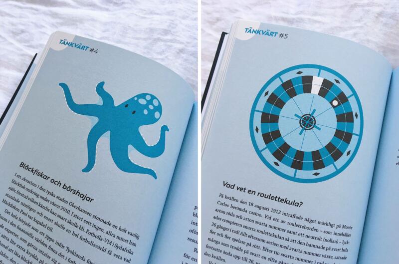 Vektorillustrationer till två uppslag ur en fackbok, en föreställer en bläckfisk och den andra en roulettekula i ett casinospel.