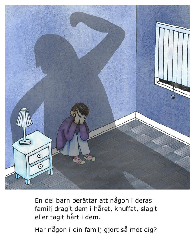Illustration av ett barn sitter på huk mot väggen i ett rum och gömmer ansiktet i händerna. Framför barnet är en hotfull skugga med höjd hand.