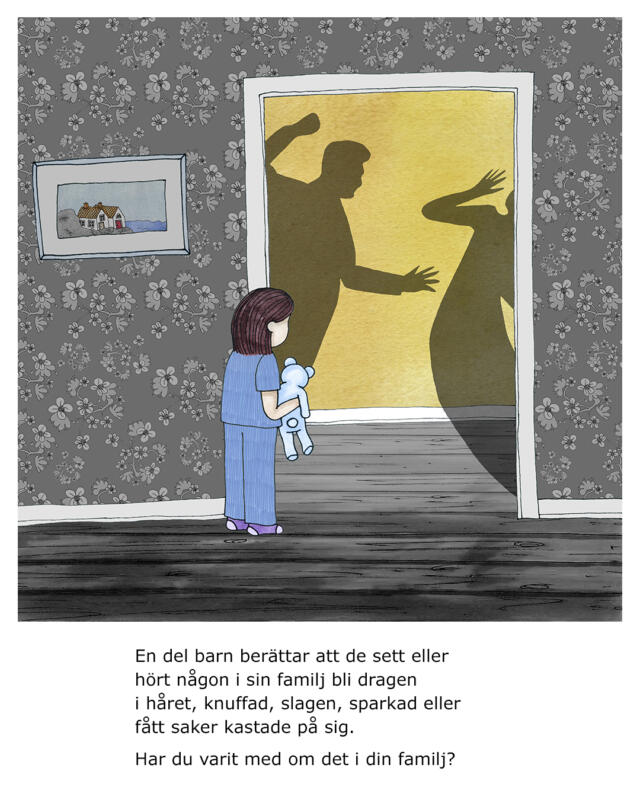 Illustration av ett barn som står i ett mörkt rum och kollar i smyg. Man ser skuggor av en man som höjer handen mot en kvinna.