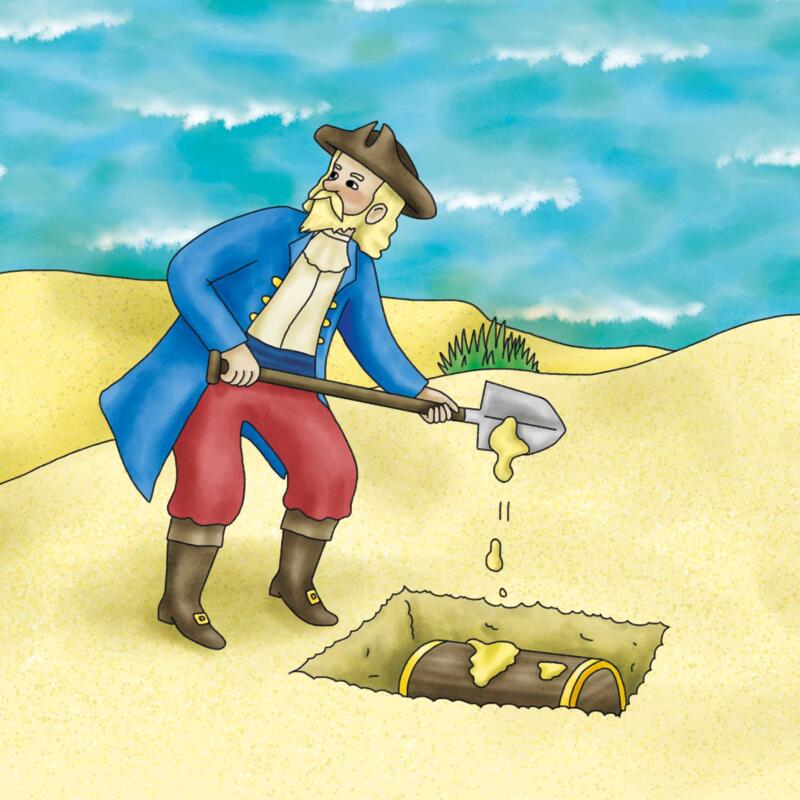 Piraten Kapten Kidd gräver ner en skattkista.