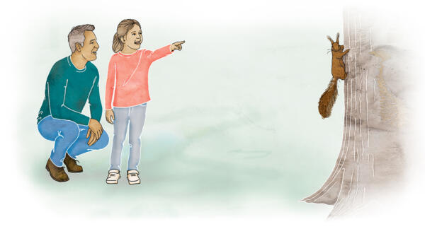 Illustration av pappa med dotter som betraktar en ekorre