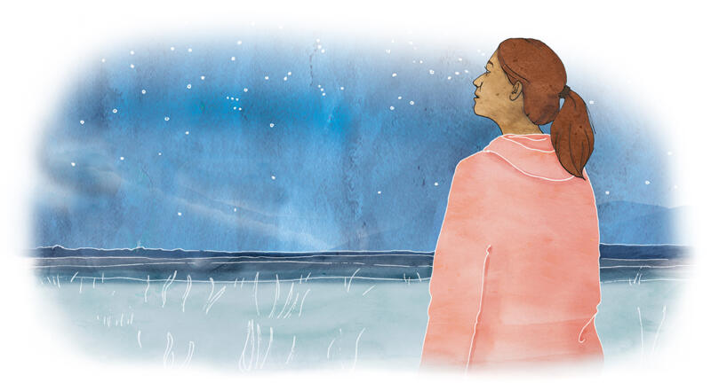 Illustration av kvinna som blickar upp mot stjärnhimlen