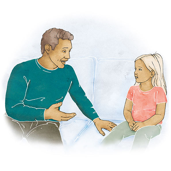 Illustration av pappa som pratar med sin dotter i en soffa