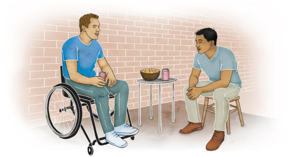 Illustration av två killar som umgås med en varsin läsk och snacks på en uteplats. En av dem sitter i rullstol